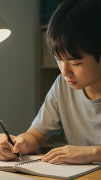 自宅でノートをとって勉強する、灰色のTシャツを着た男子中学生（縦型動画）