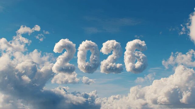 Cloud-shaped numbers forming 2026 in the sky, realistic style, bright blue sky background, concept of future and new beginnings