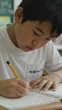 教室でノートをとって集中して勉強する、体育着姿の男子小学生（縦型動画）