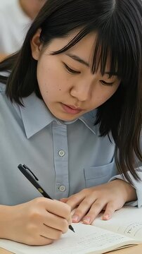 教室で集中してノートをとって勉強する、普段着の女子高生（縦型動画）