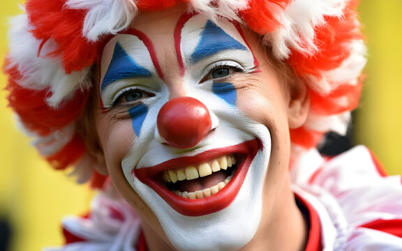 A clown with a painted smile and orange afro