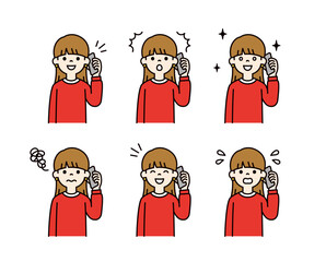 スマートフォンで通話する、様々な表情の若い女性・学生の上半身ベクターイラスト素材セット＿カラー	
