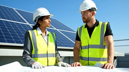 Two engineers discussing blueprints on a rooftop with solar panels, symbolizing renewable energy and sustainable development. - Powered by Adobe