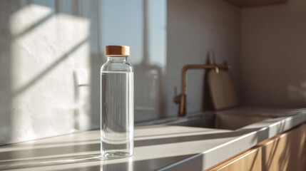 Clear glass water bottle with wooden cap on a modern kitchen counter with natural light. Hydration, healthy lifestyle, sustainability concept.