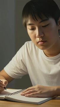 暗い自室でライトを照らしてノートをとって勉強する、男子中学生（縦型動画）
