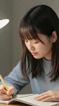 自宅でノートをとって集中して勉強する、女子高校生（縦型動画）