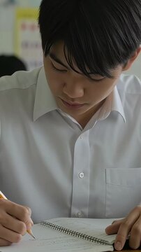 教室でノートをとって集中して勉強する、男子高校生（縦型動画）