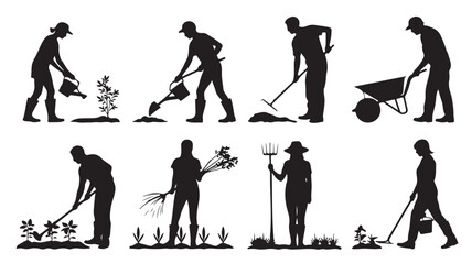Fototapeta premium Farmer Gardening Silhouettes in Various Actions with Simple Black and White Illustration Style for Agricultural or Gardening Concepts