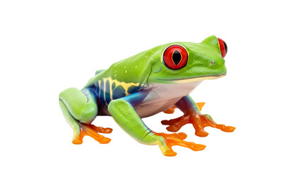 Close up photo of green and yellow frog with red eyes. Frog is sitting upright.