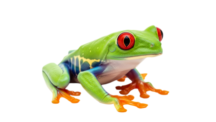 Close up photo of green and yellow frog with red eyes. Frog is sitting upright.