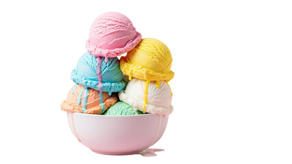 Ice cream sundaes stacked high and colorful on a transparent background