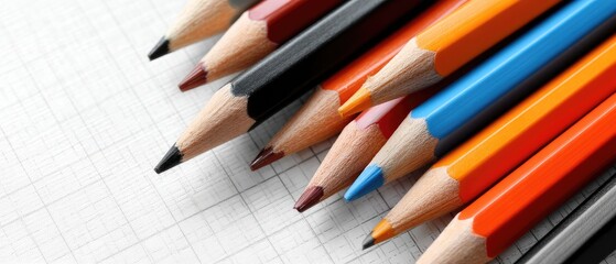 Obraz premium Colorful school supplies arranged on grid paper background with ample copy space for educational or creative projects
