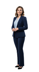 On a transparent background, smiling woman wears dark suit with white blouse and holds hands together in front of her body.