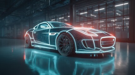 Sports car wireframe model with glowing lines. Modern vehicle design technology for automotive engineering and virtual prototyping concept.