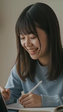 自宅でタブレットPCで楽しそうに勉強する、女子中学生（縦型動画）