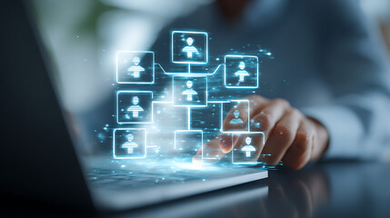 Person interacting with digital organizational chart people icons