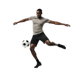 Sports athlete in motion playing soccer game. Young and fit male sportsman practicing his skills in action shot.