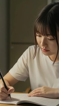 暗い自室でライトを照らしてノートをとって勉強する、女子高校生（縦型動画）