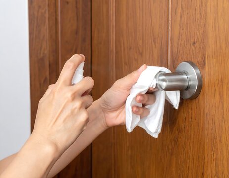 Person spraying/wiping a door handle with a white cloth, disinfecting on a wooden door, cleanliness