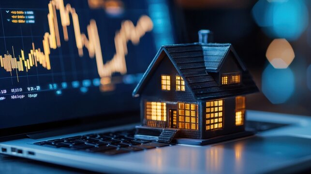 Miniature house model on laptop keyboard with financial graph on screen. Real estate investment and property market analysis concept for business.