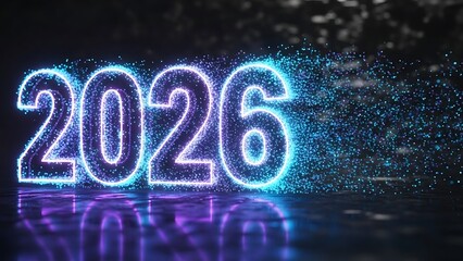 2026 text with glowing particles and reflection light