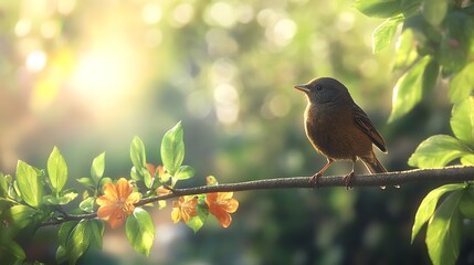 Fototapeta premium Beautiful bird perched on branch with vibrant orange flowers and soft sunlight shining through leaves