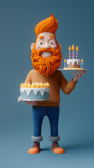 3d Cartoon Character of Cheerful Man Carrying Birthday Cake