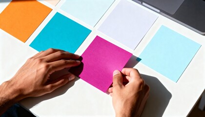 A person's hands arranging colorful sticky notes on a desk for a brainstorming session. Project planning and creative organization concept in a flat lay view