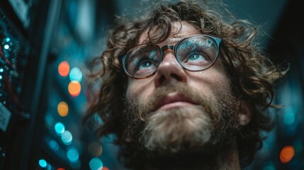Focused IT professional wearing glasses gazes upwards amidst glowing server lights, contemplating complex data challenges and technological innovation.