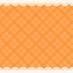 正方形の背景　レースの飾りと斜めのチェック柄　オレンジ