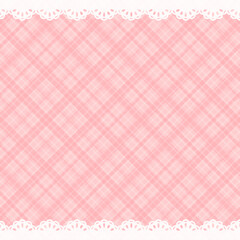正方形の背景　レースの飾りと斜めのチェック柄　ピンク