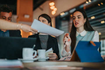 Colleagues collaborate at a table, reviewing papers as a hand passes a document. The scene captures teamwork, discussion, and a professional yet relaxed office environment.