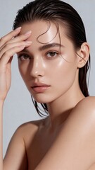 Beautiful caucasian woman with wet hair placing hand on forehead, skincare and glass skin