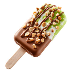 Chocolate coated ice cream bar with nuts isolated on transparent background.