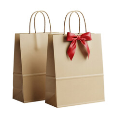 Brown paper shopping bags with red ribbon on white background isolated on transparent background