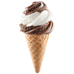 Chocolate and vanilla ice cream cone isolated on transparent background.