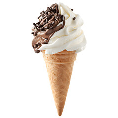 Chocolate and vanilla ice cream cone isolated on transparent background.
