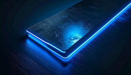 A sleek rectangular object with vibrant blue neon light glowing along its edges on a dark textured surface.