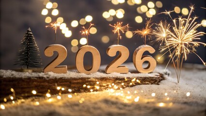 2026 New Year Celebration  Wooden Number Blocks And Golden Fireworks At Eve Night With  