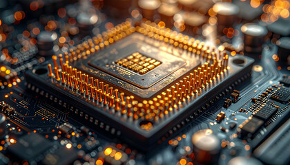 A close-up, macro photograph of a golden computer processor chip with many pins on a circuit board.