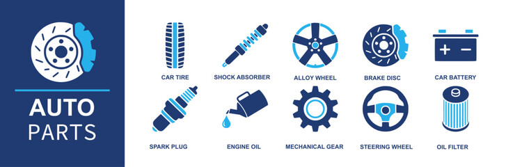 Auto parts icon set. Containing car tire, shock absorber, alloy wheel, brake disc, car battery, spark plug, engine oil, mechanical gear, steering wheel, oil filter and more. Solid vector icons