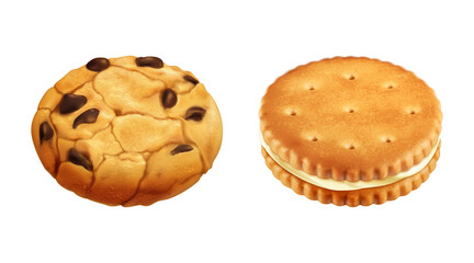 Chocolate chip and cream sandwich cookies set, sweet baked biscuit snack, crunchy pastry dessert,...