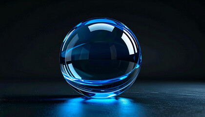 A mesmerizing clear blue glass sphere glowing on a dark reflective surface, showcasing intricate light refractions.
