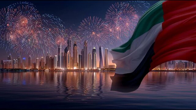 Fireworks Light up the Skyline of Kuwait City as the National Flag Waves Over the Water During Celebrations