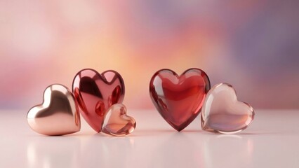 Decorative Heart-Shaped Glass Ornaments in Various Colors on Soft Surface with Blurred Colorful