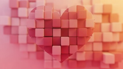 abstract heart shape made of small pink cubic blocks with a 3d effect