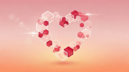 romantic heart shape composed of interconnected 3d cubes with soft pink orange background