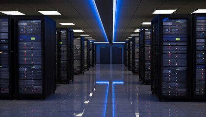 Dark Server Room  with Rows of Server Cabinets