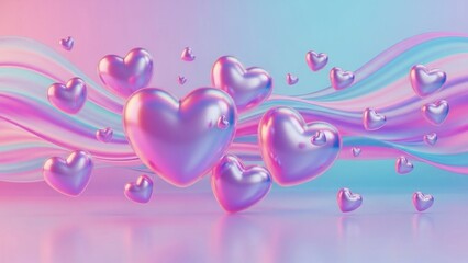 Vibrant and Dreamy 3D Heart-Shaped Balloons with Colorful Waves in Soft Pastel Tones