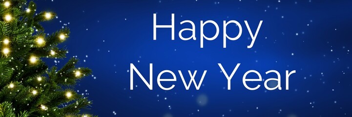 Happy new year blue background with christmas tree branch and light winter season design